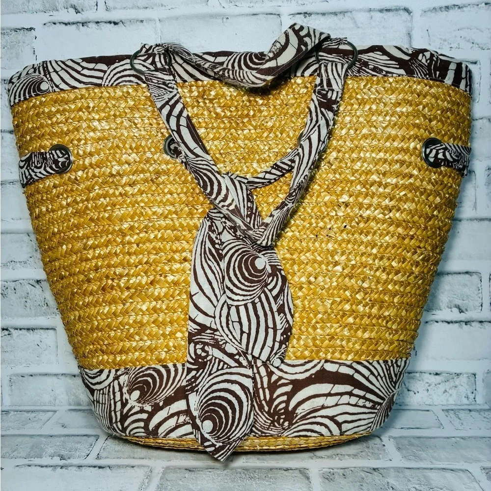 Stylish Yellow Straw with Brown and White Ribbon Accents Tote/Beach Bag